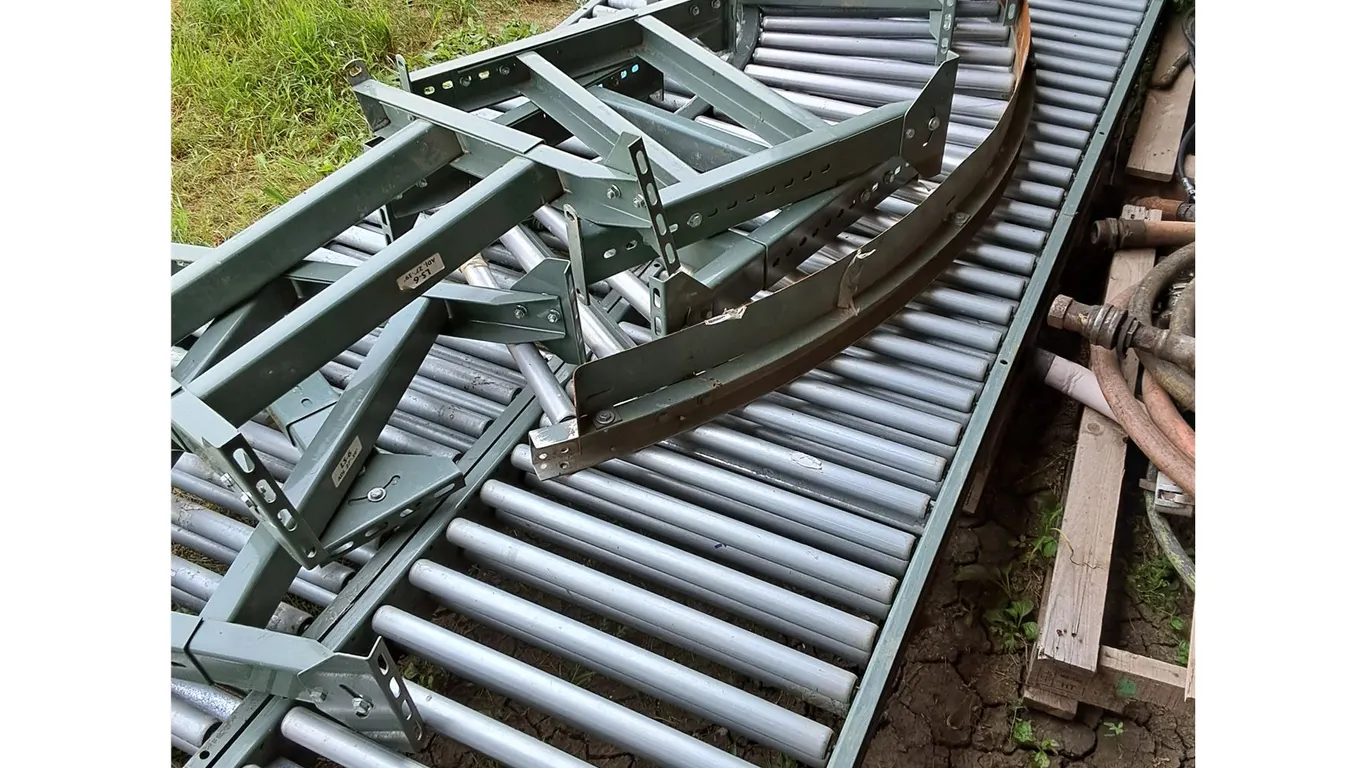 Hytrol Conveyor, with Legs, corners and (4) 10 ft straight sections