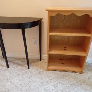 Black Demilune Table and Pine Display Shelf