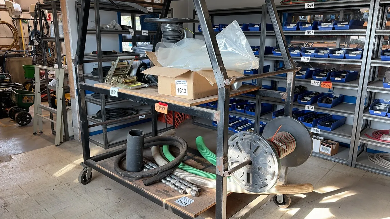 3 TIER ROLLING DISPLAY RACK w/ 2 - PLACES ON EACH END FOR REELS ON CASTORS