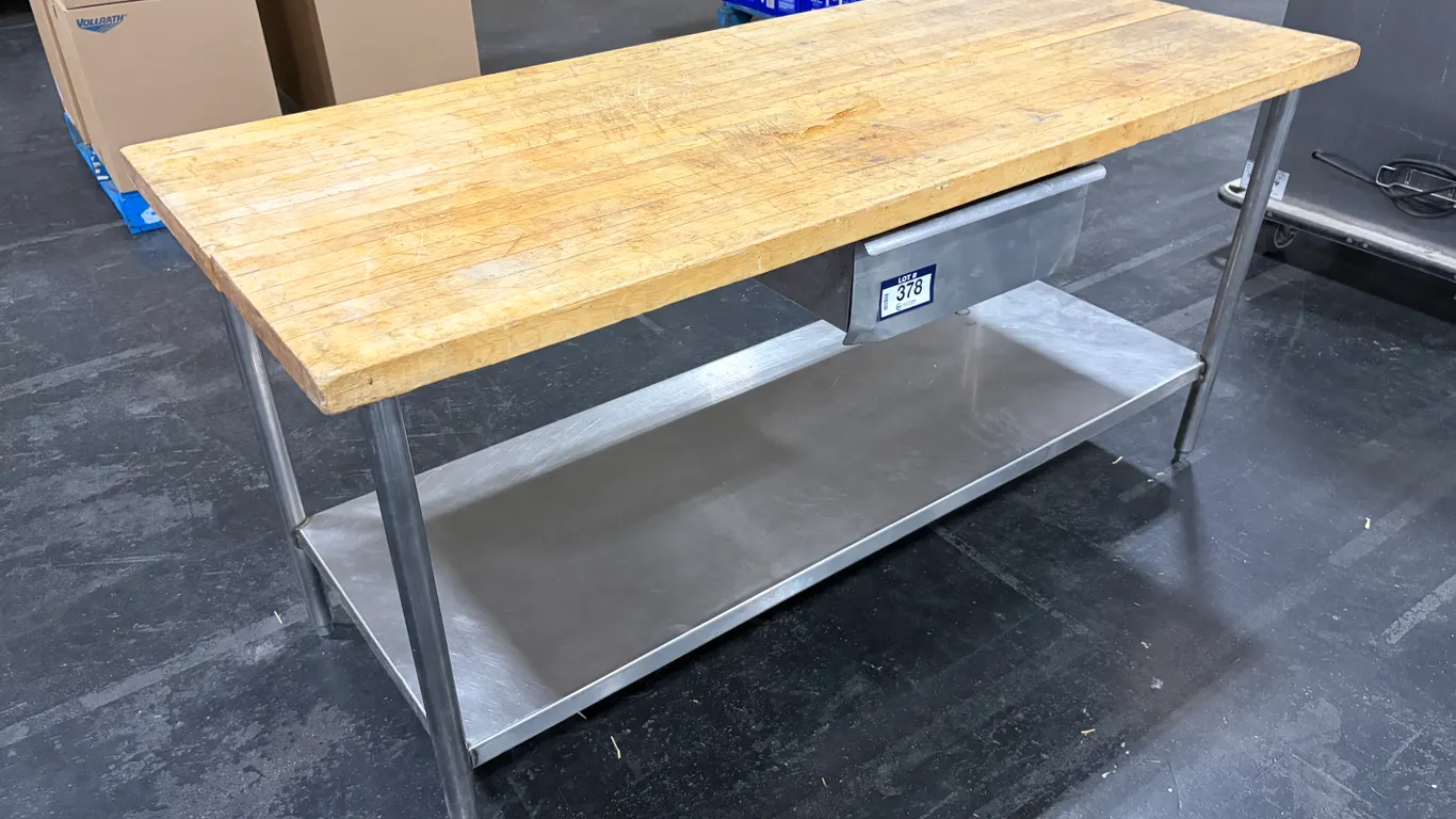 72" X 30" BUTCHER BLOCK TOP WORK TABLE WITH STAINLESS STEEL UNDERSHELF & DRAWER