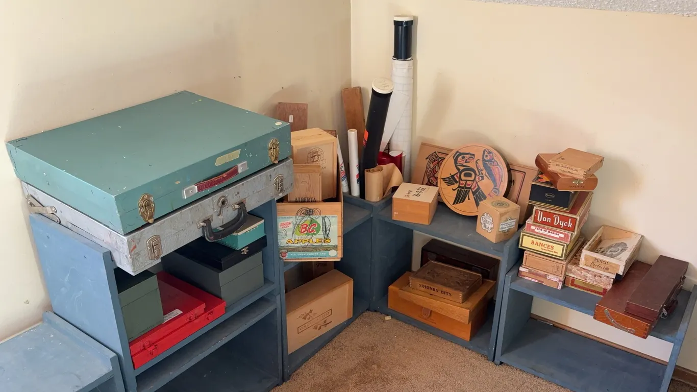 Lot of Vintage Wooden Boxes, Cases & Display Shelving