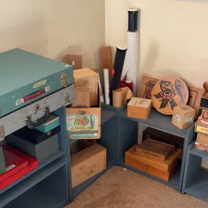 Lot of Vintage Wooden Boxes, Cases & Display Shelving