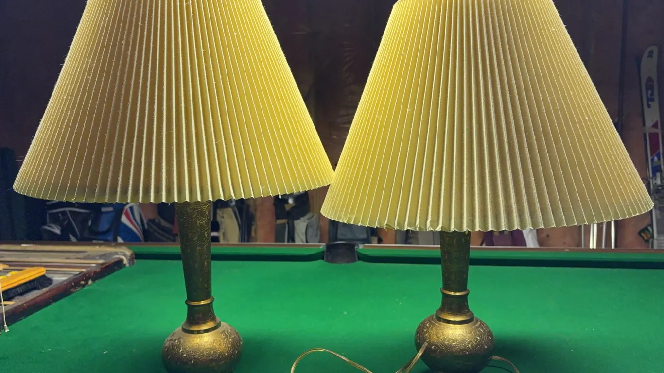Pair of Vintage Brass Table Lamps with Pleated Shades