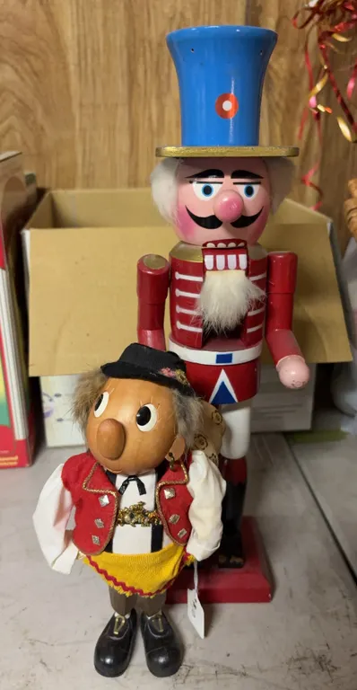 Wooden Nutcracker & Bavarian Souvenir Doll Pair