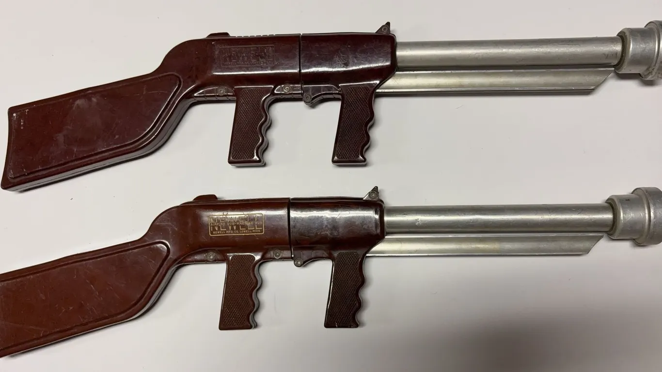 Pair of Vintage Newell Airfire Sub-Machine Ping Pong Ball Toy Guns