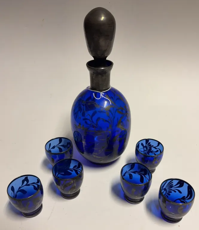 Cobalt Blue Glass Decanter & 6 Cordial Glasses Set