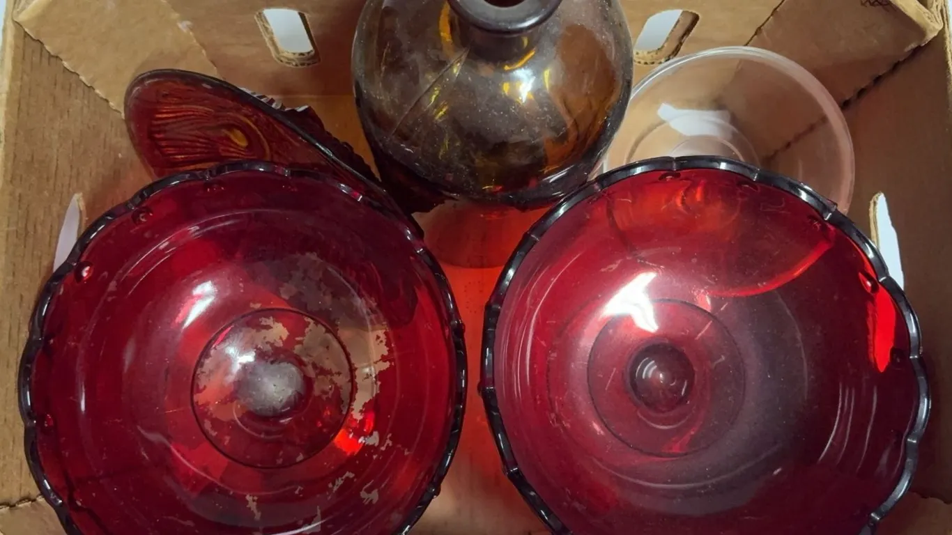 Ruby Red Glass Fruit Pedestal Bowls, Amber Bottle & Decorative Glassware Lot