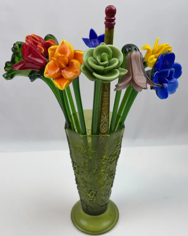 Hand-Blown Art Glass Flower Bouquet in Green Glass Vase