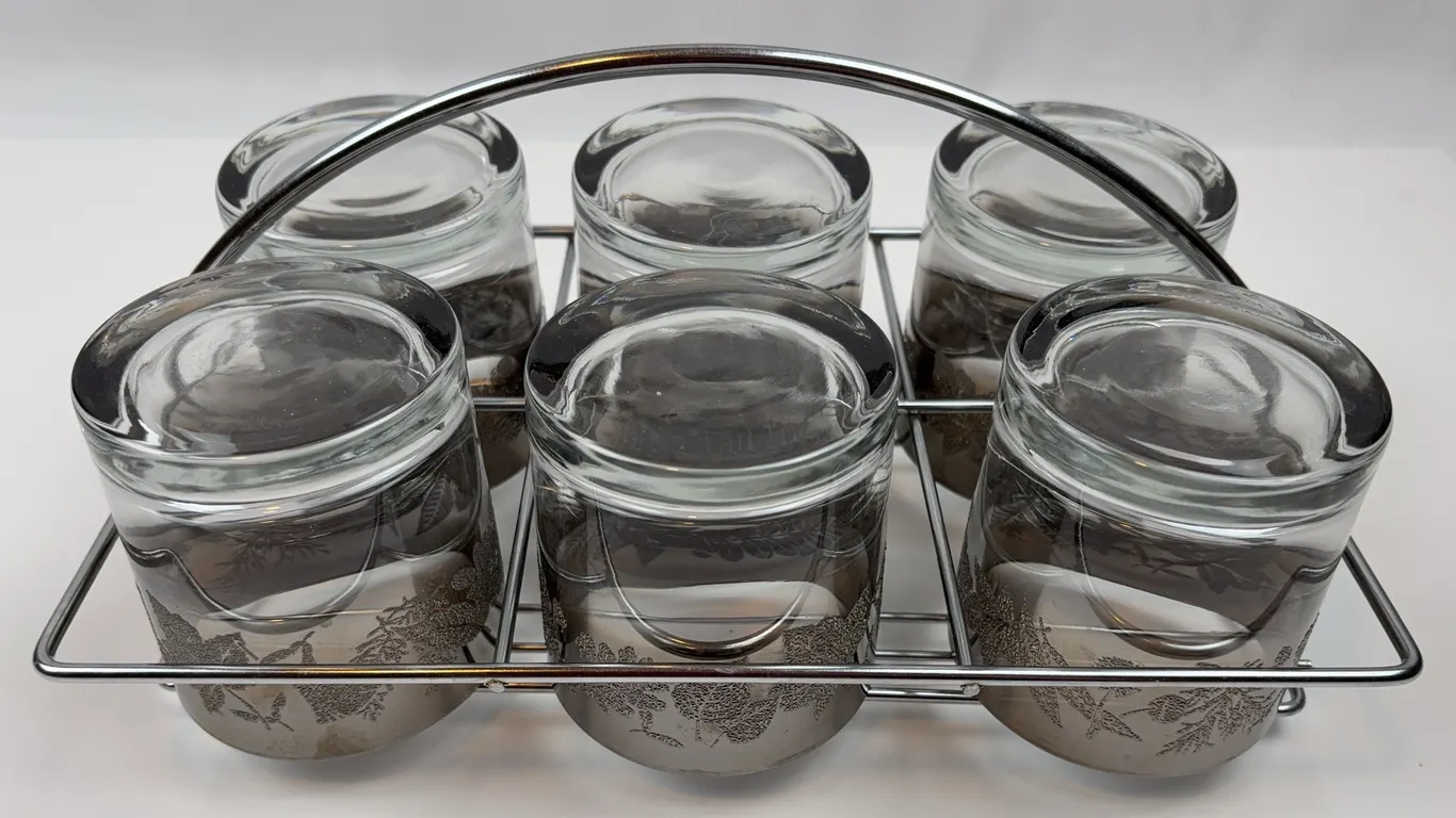 Set of 6 Vintage Glass Canisters with Metal Rack