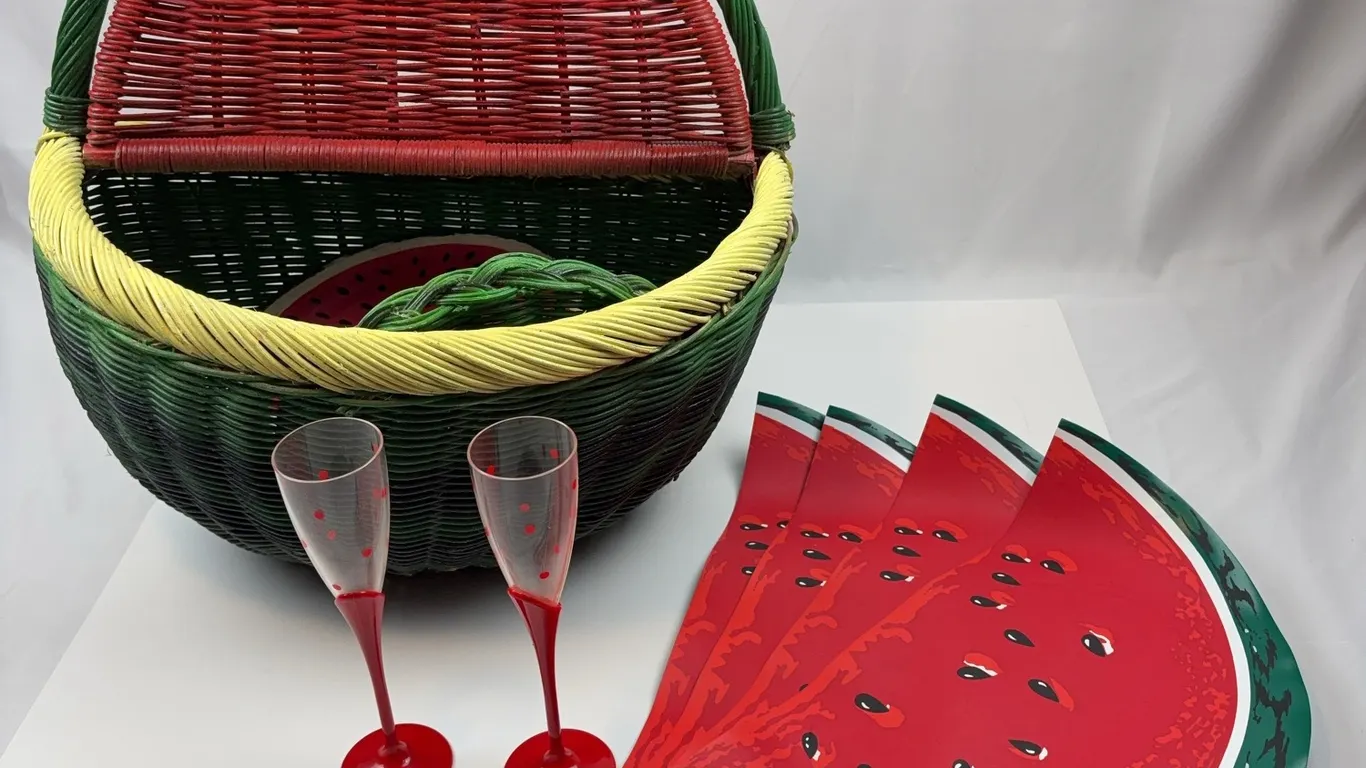 Watermelon-Themed Picnic Basket & Entertaining Set
