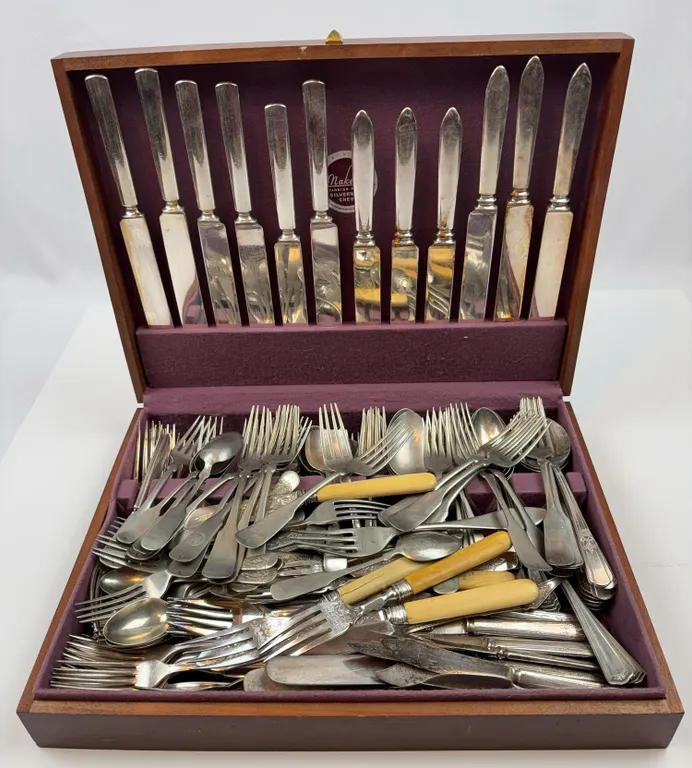 Vintage Silverplate Flatware Set in Wooden Storage Chest