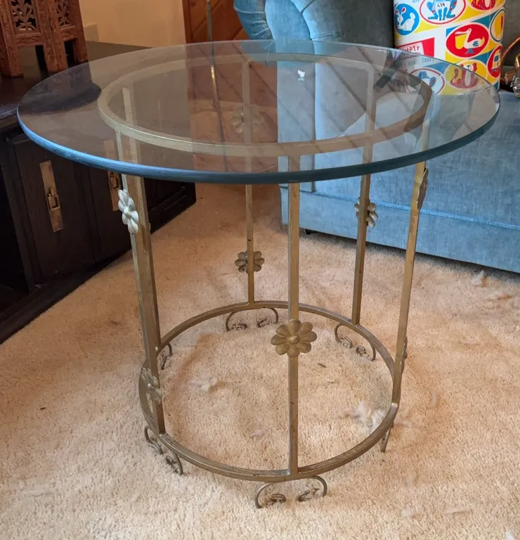 Vintage Glass Top Accent Table with Metal Floral Base