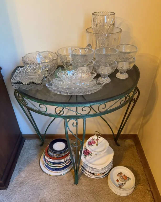 Vintage Glassware, Decorative Plates & Wrought Iron Accent Table Collection