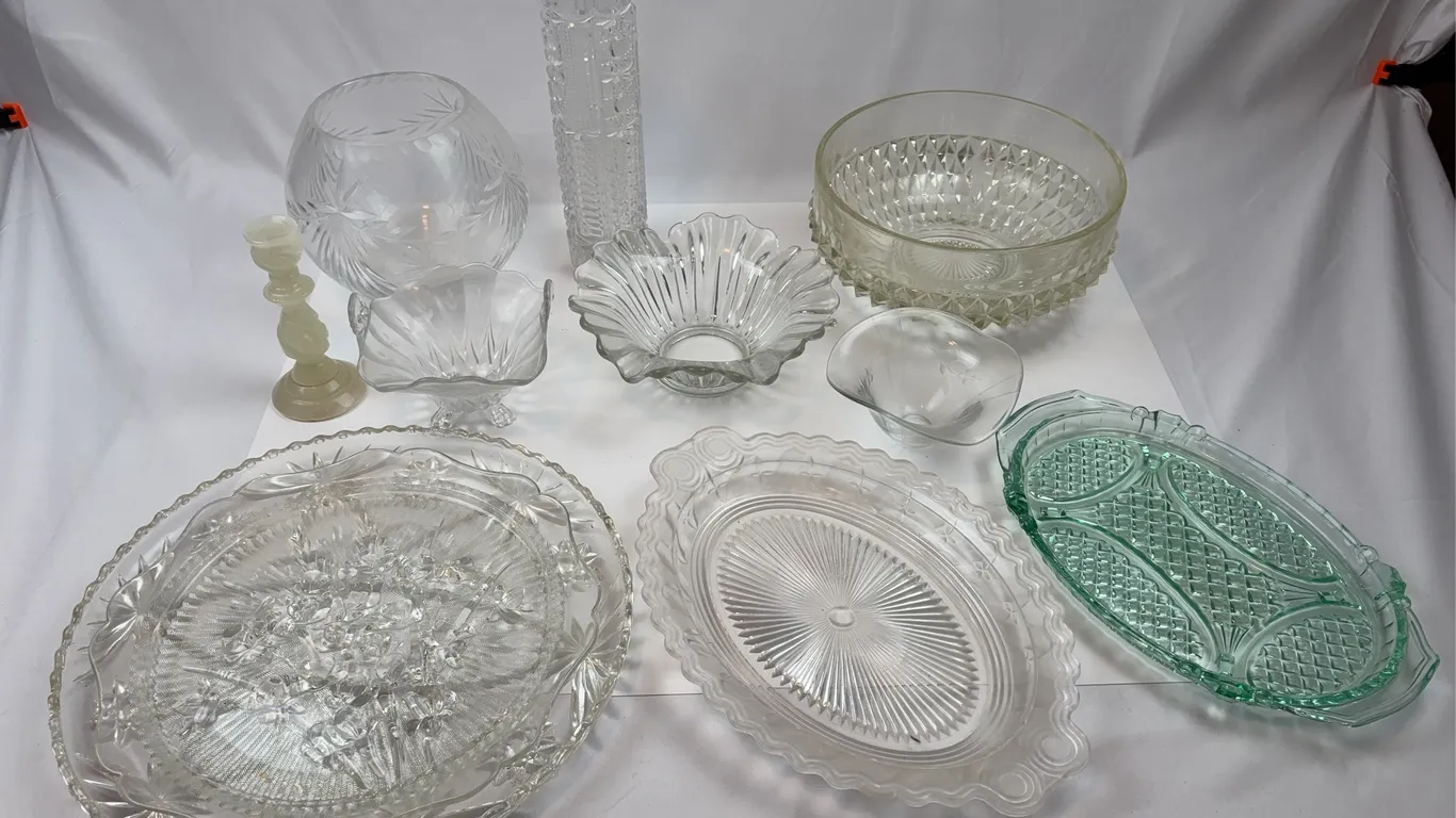 Vintage Glassware Lot Serving Bowls Vase Platters Candle Holder Depression & Pressed Glass