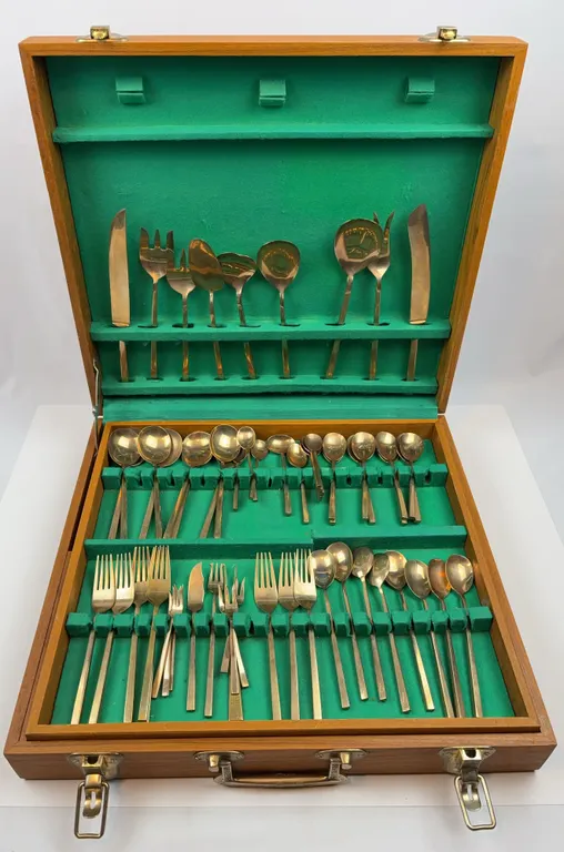 Vintage MCM Gold Tone Flatware Service Set in Wooden Storage Case Mid Century Modern