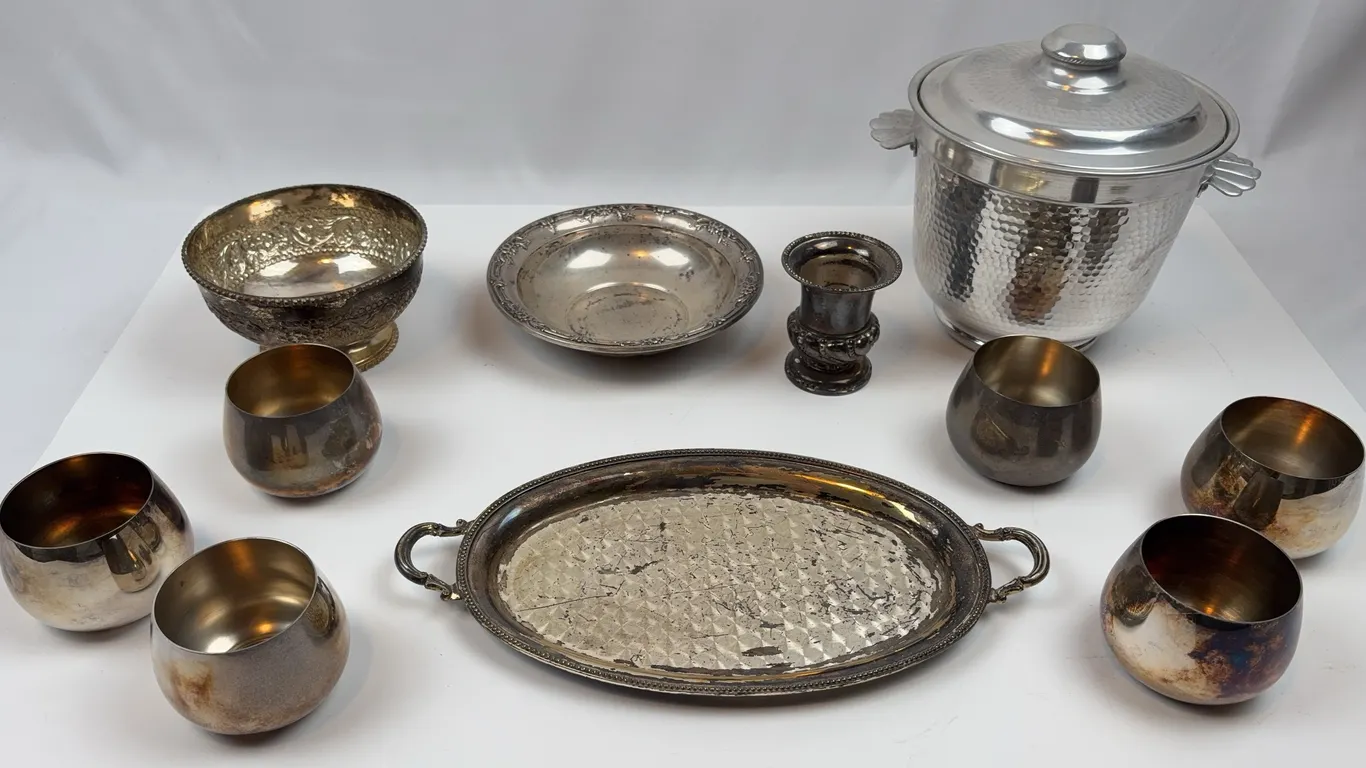 Vintage Silverplate Serving Tray Ice Bucket & Goblet Set Barware Entertaining Collection