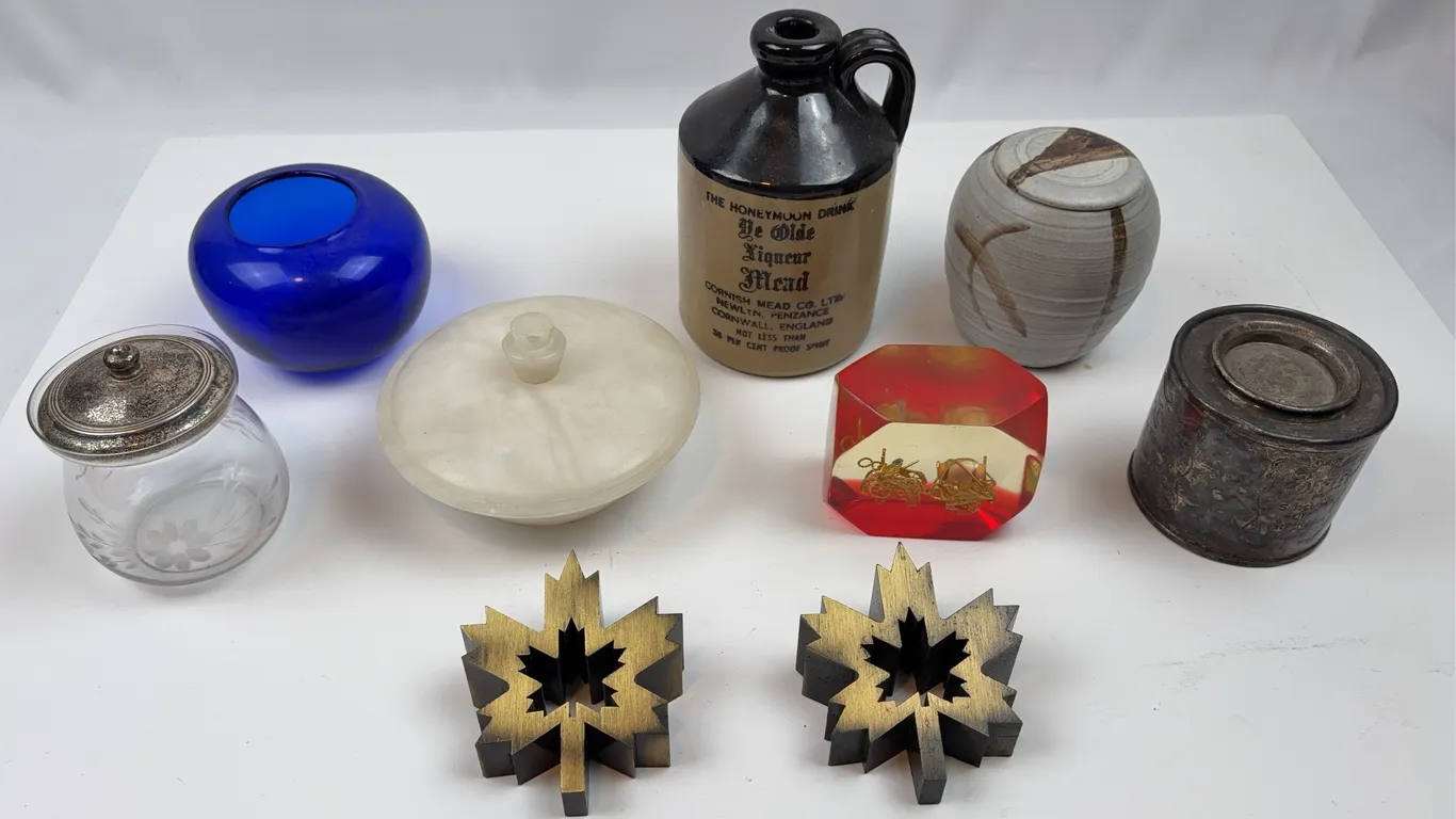 Mixed Vintage Decorative Items Lot Stoneware Jug Blue Glass Vase Metal Container