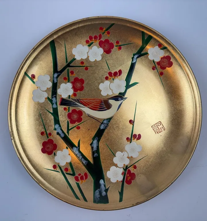 Vintage Japanese Lacquer Plate Gold Background Bird Plum Blossom Wall Decor