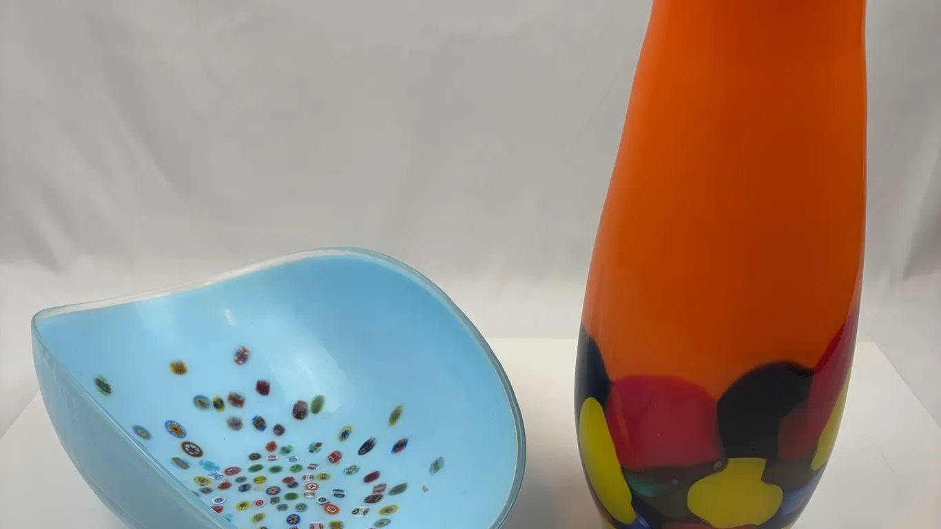 Decorative Art Glass Lot Millefiori Centerpiece Bowl & Orange Cased Glass Vase