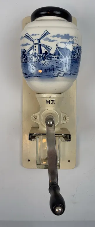 Vintage German Wall Coffee Grinder Delft Blue Windmill Ceramic Hopper Mill
