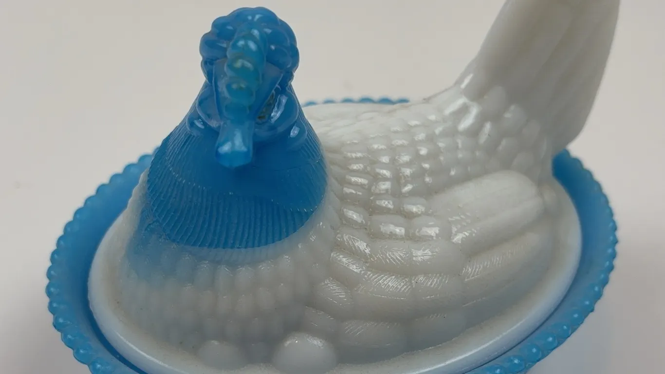 Collectible Hen on Nest Covered Bowl Blue and White Glass Serving Dish