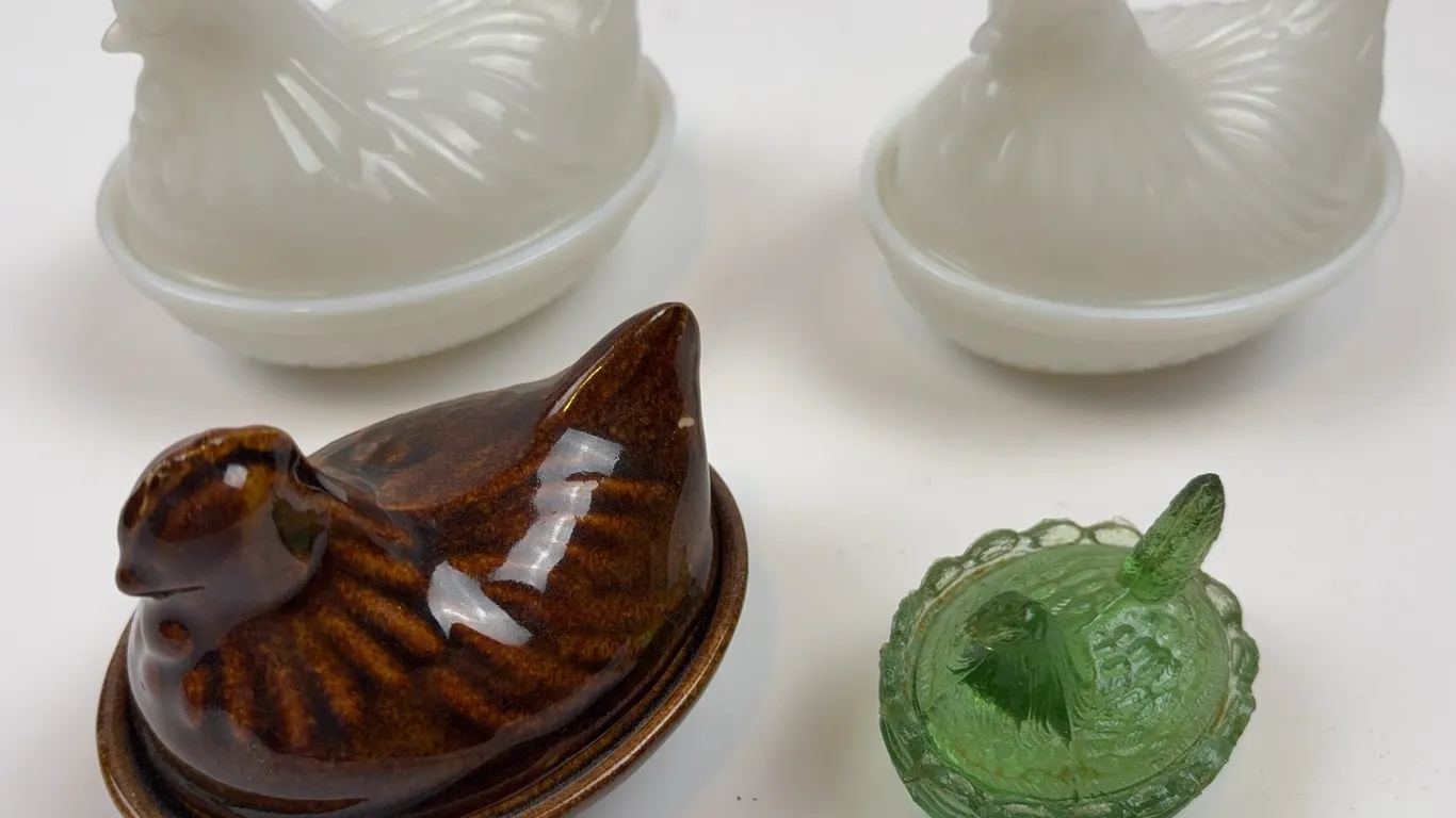 Lot of 4 Hen on Nest Covered Dishes Milk Glass Blue Slag Glass & Pottery