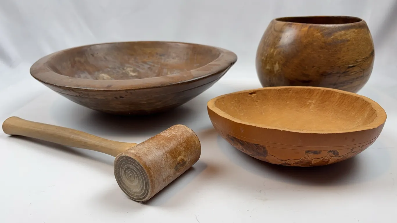 Vintage Wooden Bowls & Mallet Lot