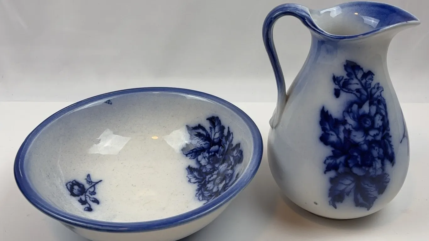 Vintage Flow Blue Pitcher & Bowl