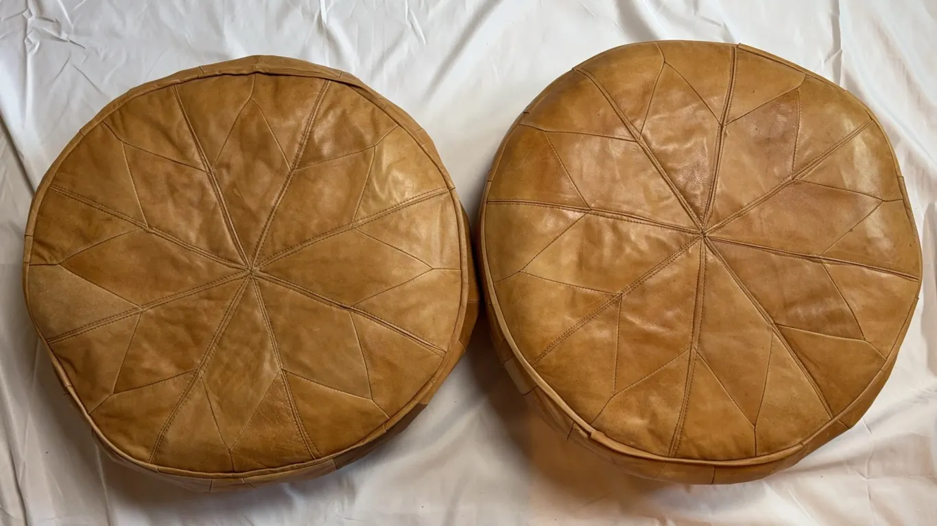 Pair of Vintage Moroccan Leather Floor Cushions / Poufs