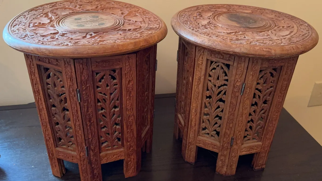 Pair of Hand Carved Wooden Accent Tables / Plant Stands