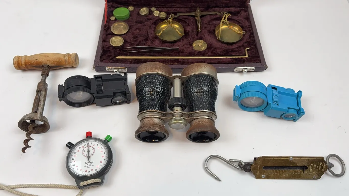 Mixed Vintage Collectibles Lot - Balance Scale, Binoculars, Stopwatch & More