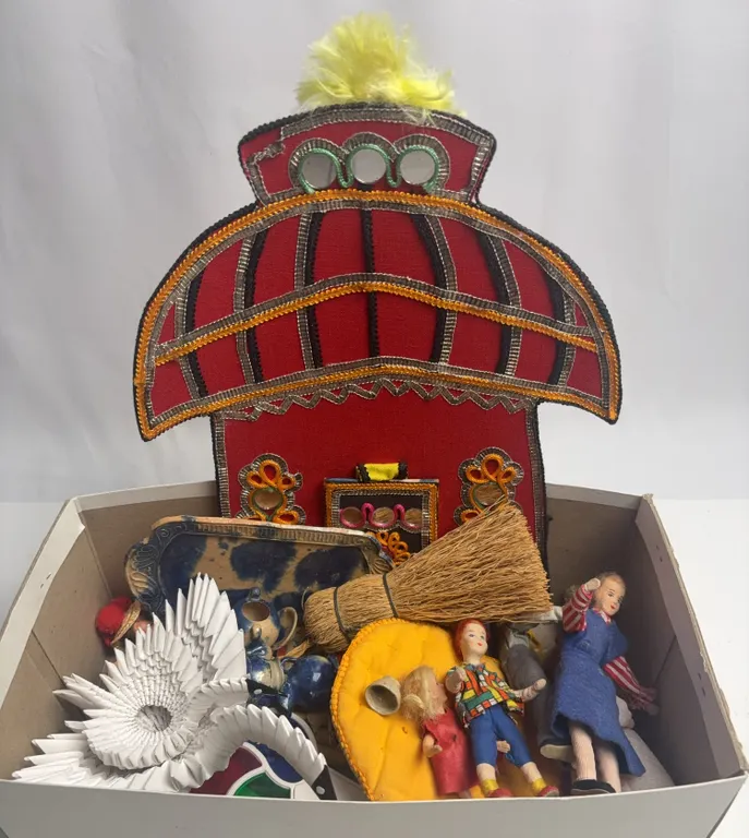 Vintage Curio Box Lot Dolls Folk Art Origami Swan Miniatures