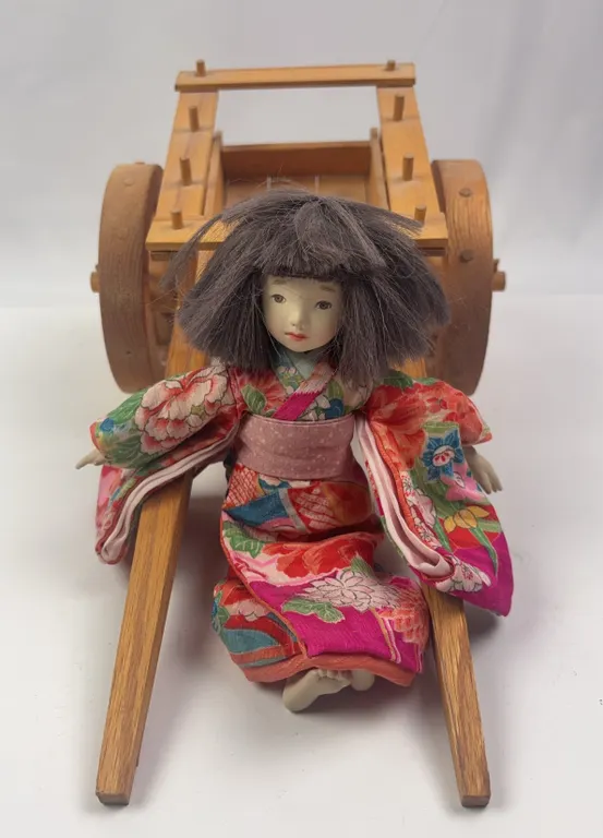 Vintage Japanese Doll & Wooden Rickshaw Cart Folk Art Collectible