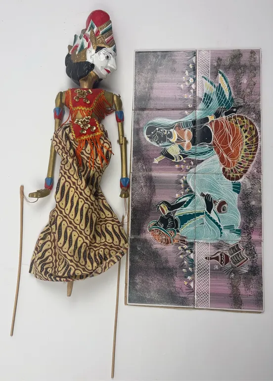 Vintage Indonesian Shadow Puppet Folk Art & Ceramic Tile Panel