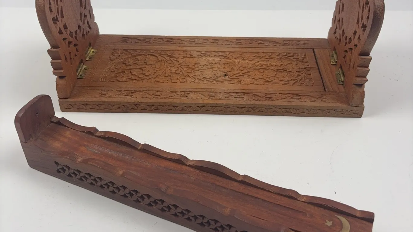 Vintage Hand Carved Wooden Book Stand & Incense Holder