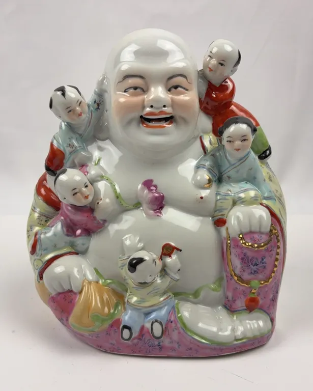 Vintage Chinese Happy Buddha Figurine w Five Children Porcelain Statue