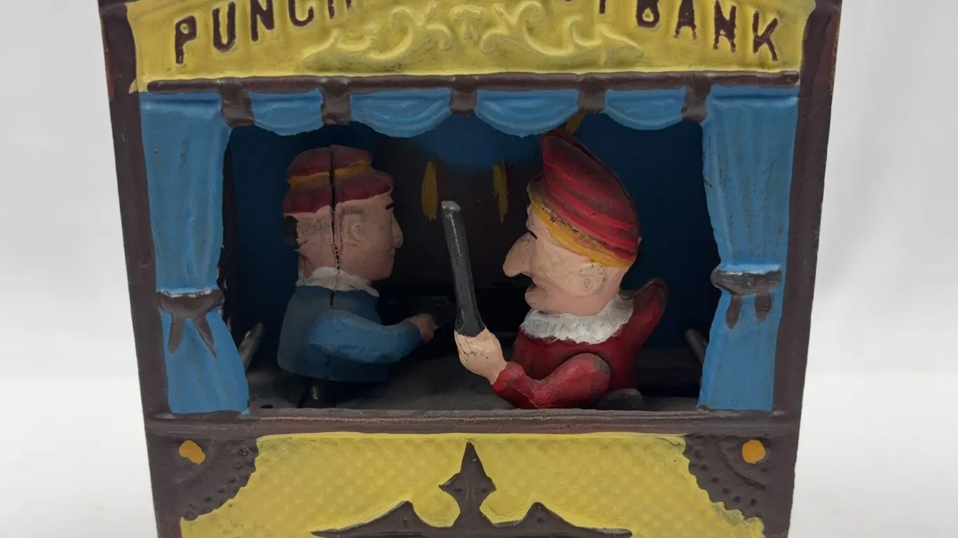 Vintage Punch and Judy Mechanical Coin Bank Cast Iron Reproduction