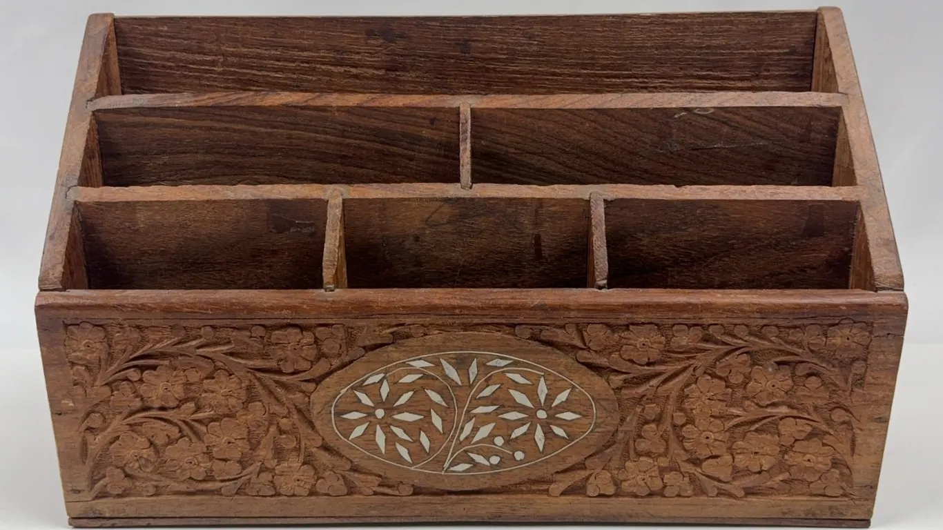 Vintage Wooden Mail Organizer Desk Caddy Hand Carved