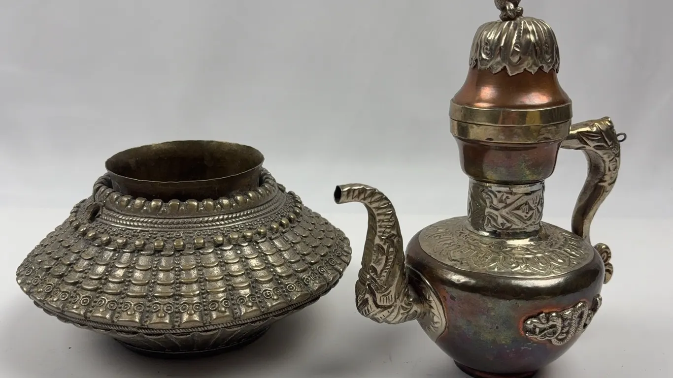 Engraved Metal Teapot and Bowl Set Ethnic Tribal Art Collectibles