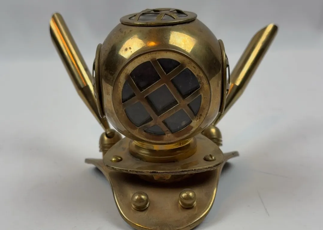 Vintage Brass Diving Helmet Double Pen Holder Desk Set Nautical Decor