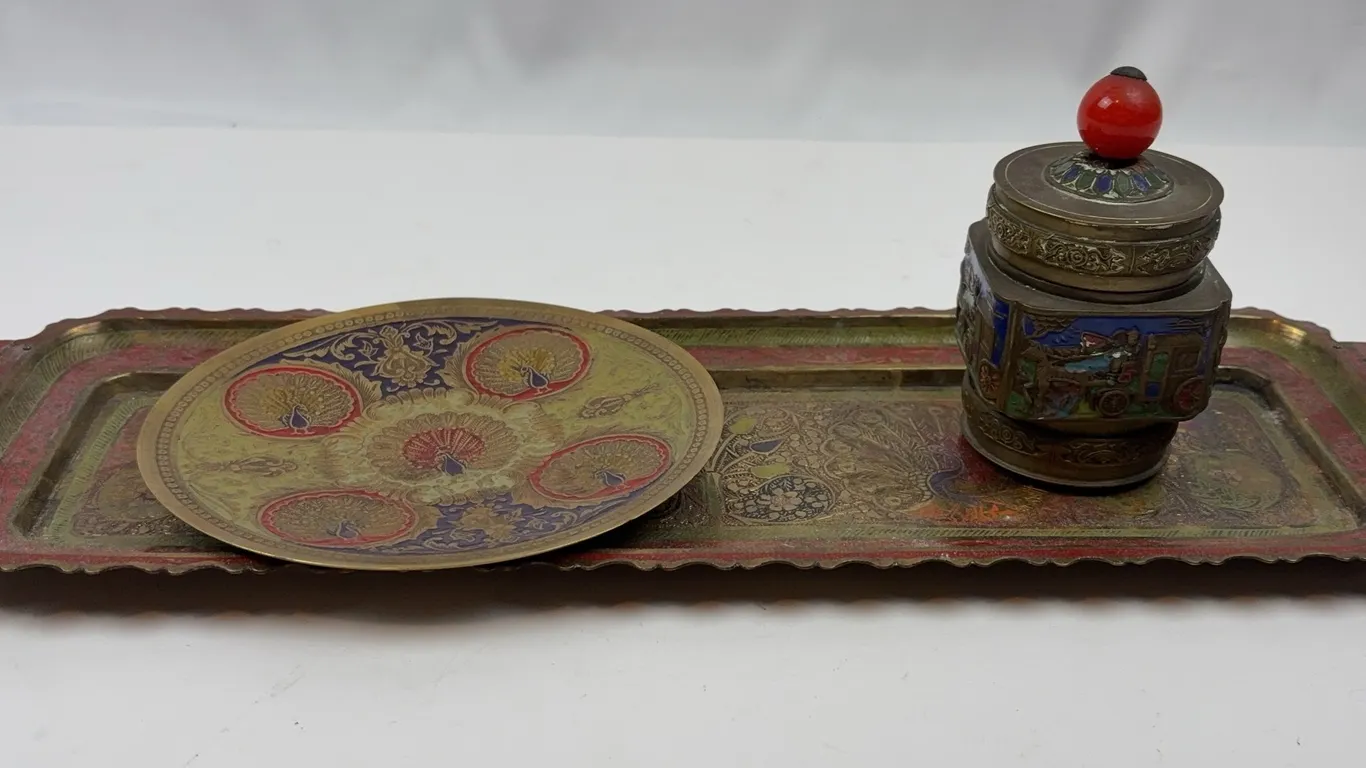 Vintage Brass Tray Peacock Plate & Decorative Tobacco Humidor Jar