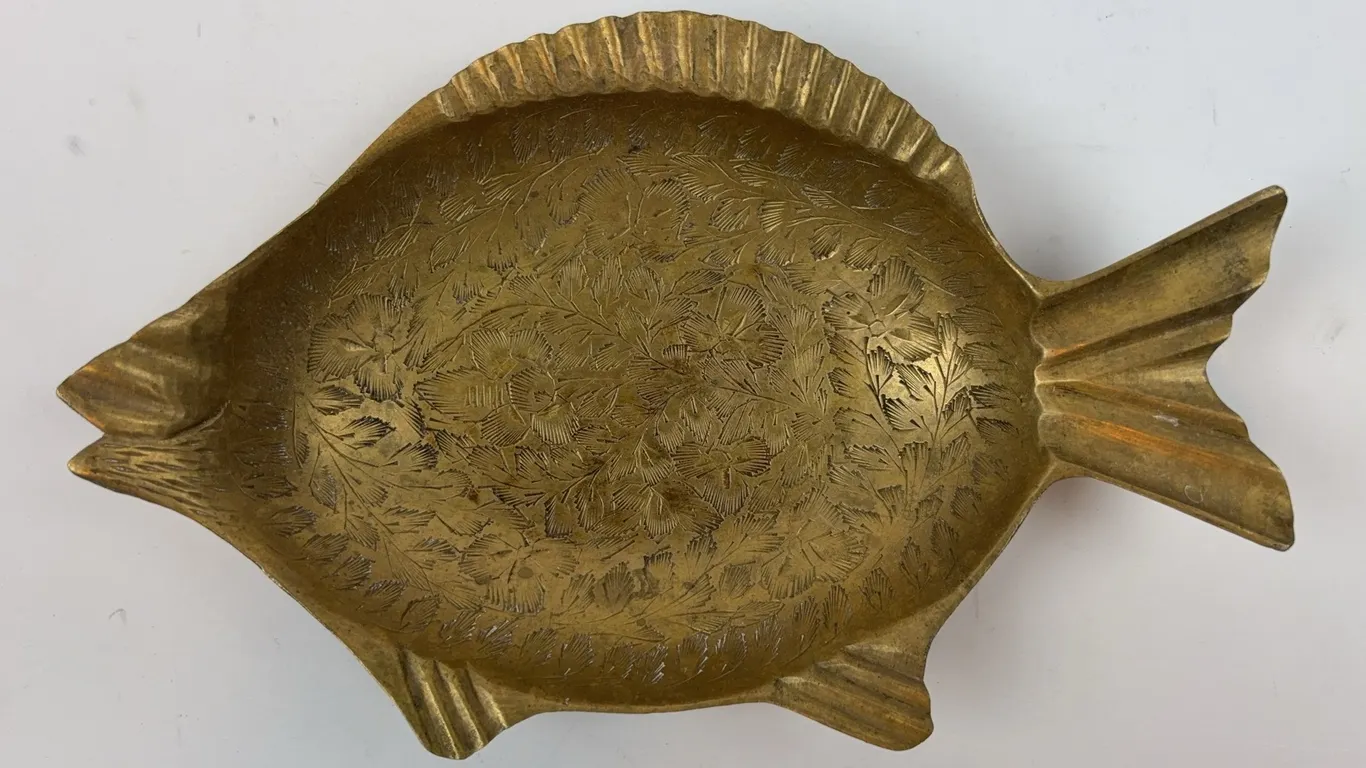 Vintage Brass Fish Trinket Dish Etched Floral Design
