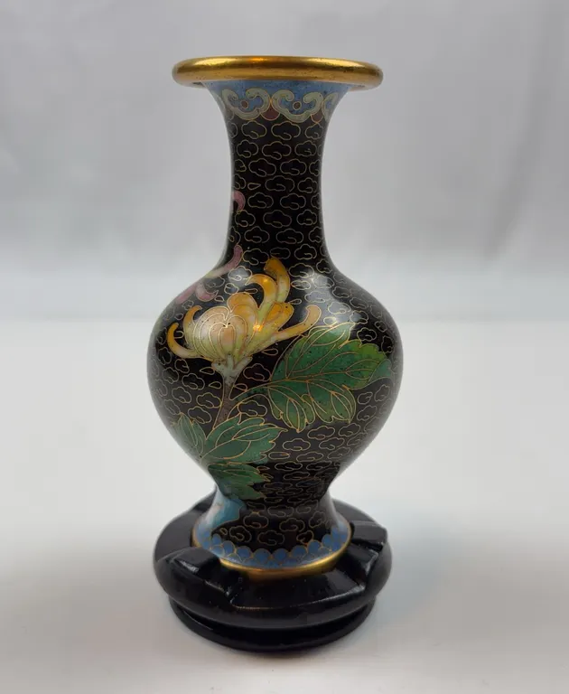 Vintage Cloisonné Cabinet Vase, Black Ground with Floral Design
