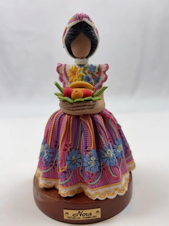 Vintage Nora República Dominicana Folk Art Doll on Wooden Base