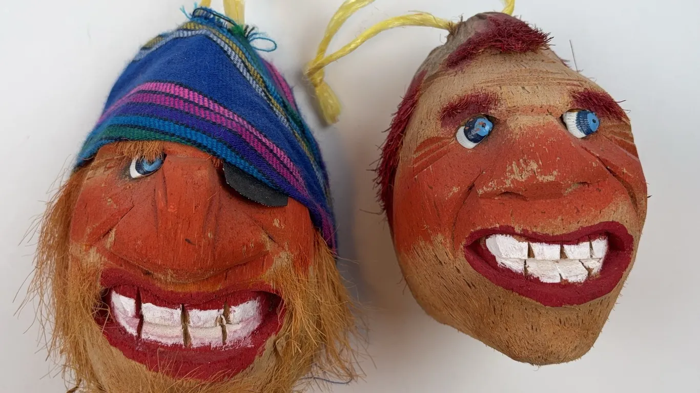 Vintage Coconut Shell Character Head Carvings, Set of Two