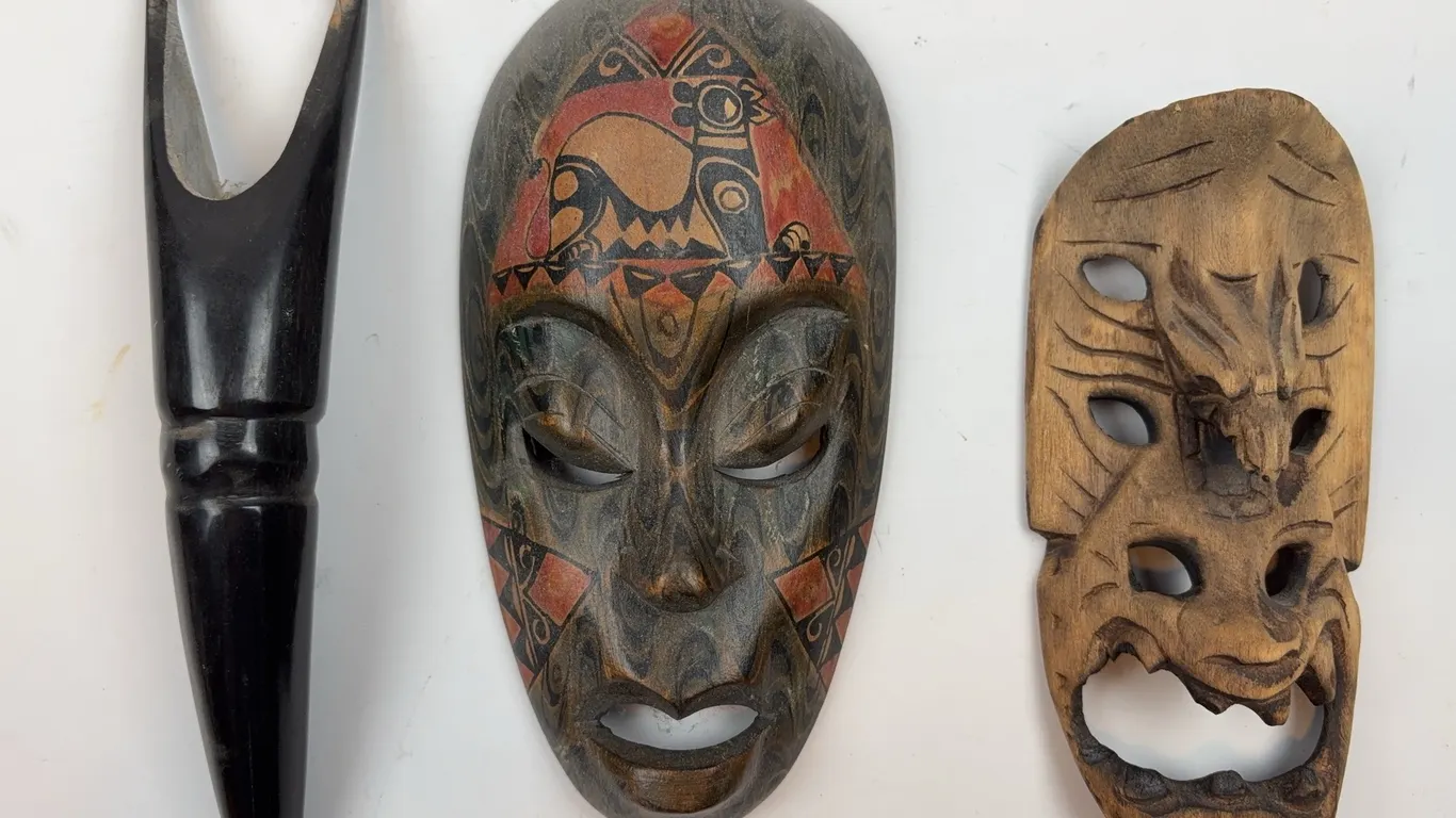 Carved Tribal Masks & Letter Opener Lot (3 Pieces)