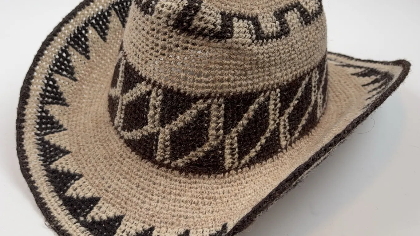 Hand Knit Western Cowboy Hat - Black & Tan Geometric Pattern