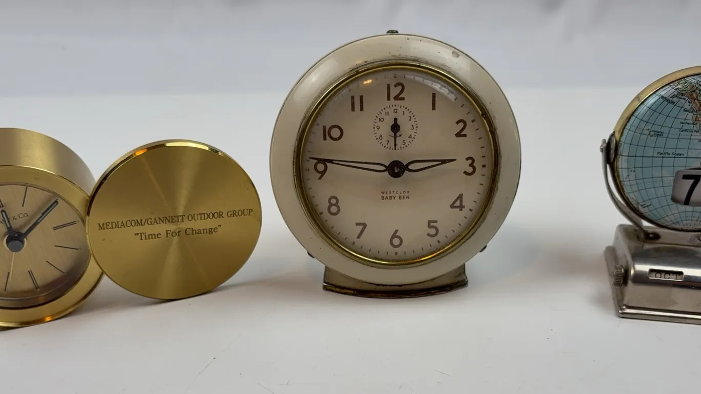 Vintage Tiffany & Co. Desk Clock, Westclox Baby Ben & Globe Calendar Lot