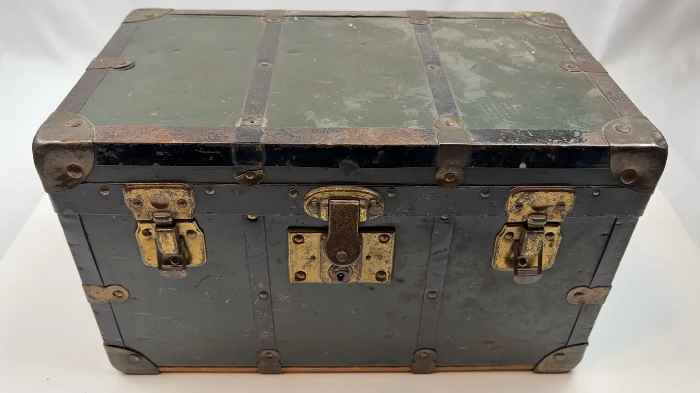 Vintage Small Metal Bound Storage Trunk Chest