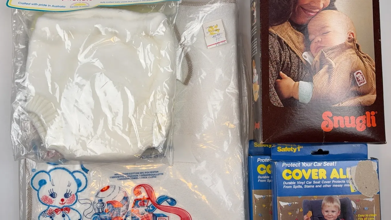 Vintage Baby Care Accessories Lot - Snugli Carrier, Fluffies Baby Pilchers & More